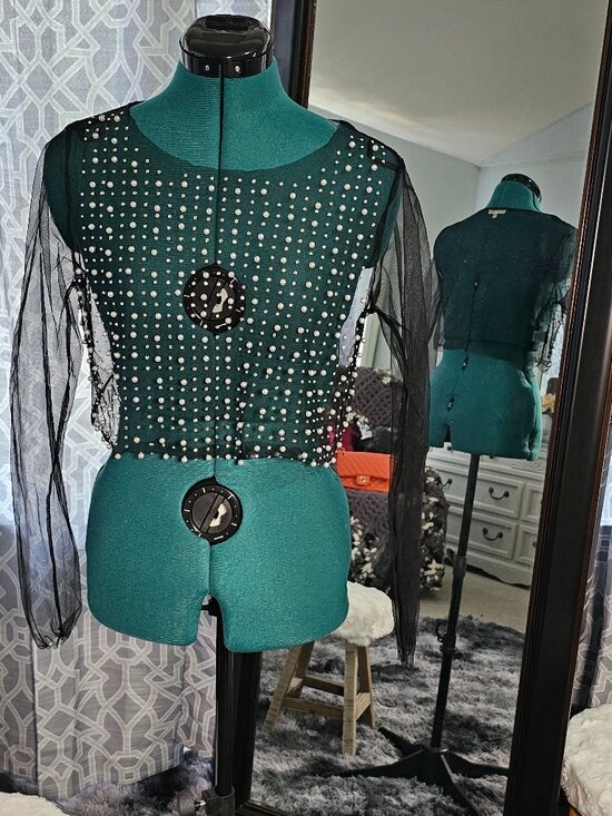 love J Tops - Love J Black Sheer Mesh Rhinestone & Pearl Crop Top – Size L